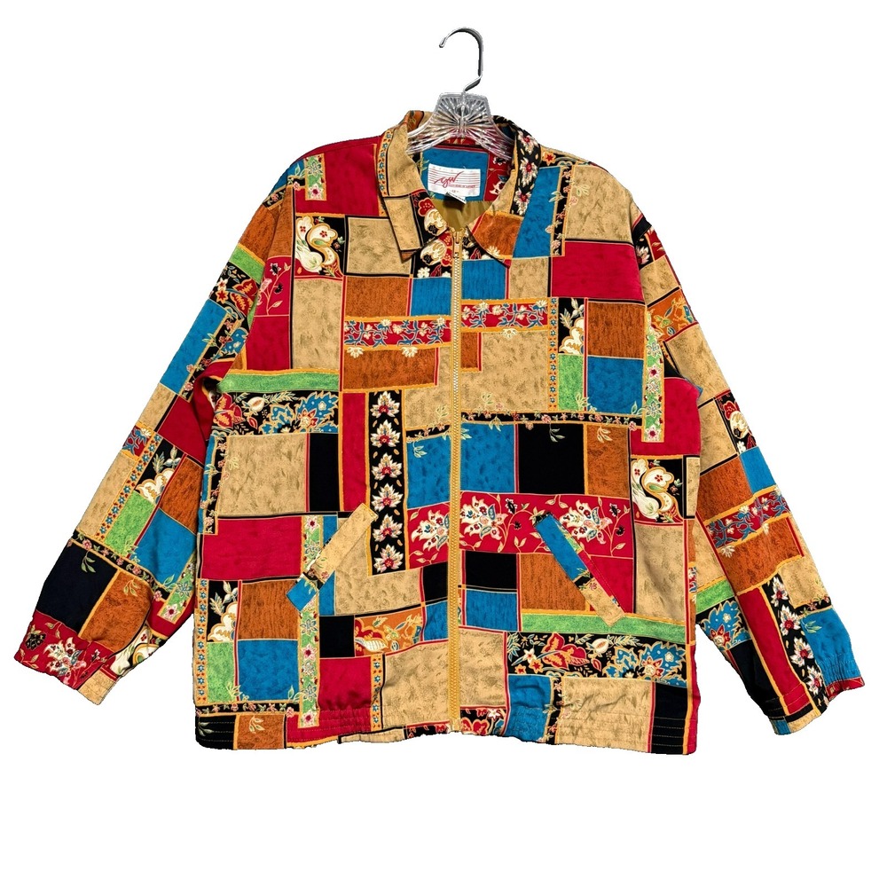 Vintage 80s 90s GW Patchwork Bomber Jacket Womens 12 Colorblock Eclectic Artsy